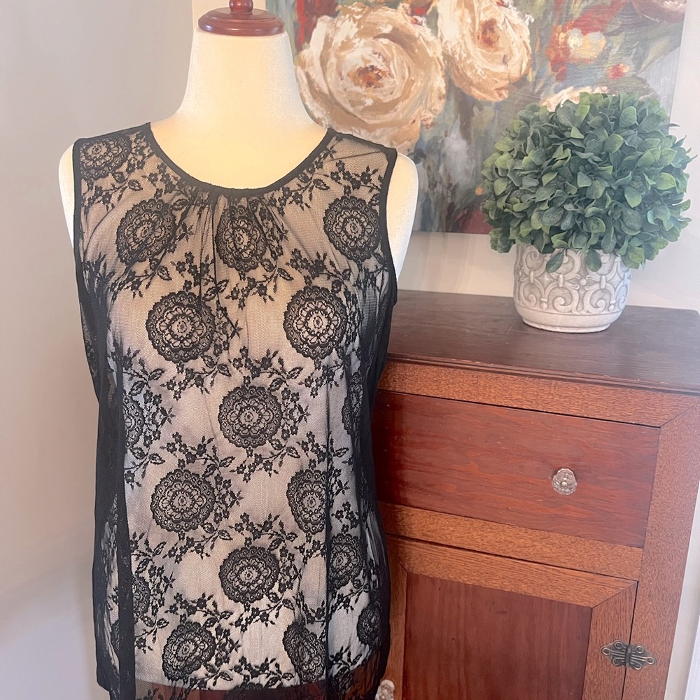 CAbi # 942 Date Night Sleeveless Blouse in Black Lace